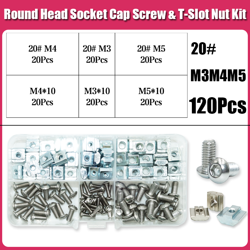 Tornillo hexagonal de acero inoxidable 304 y tuerca deslizante en T, cabeza de botón, Perno Allen, ranura en T, para Perfil de extrusión de aluminio 20, 30, 40: Latón