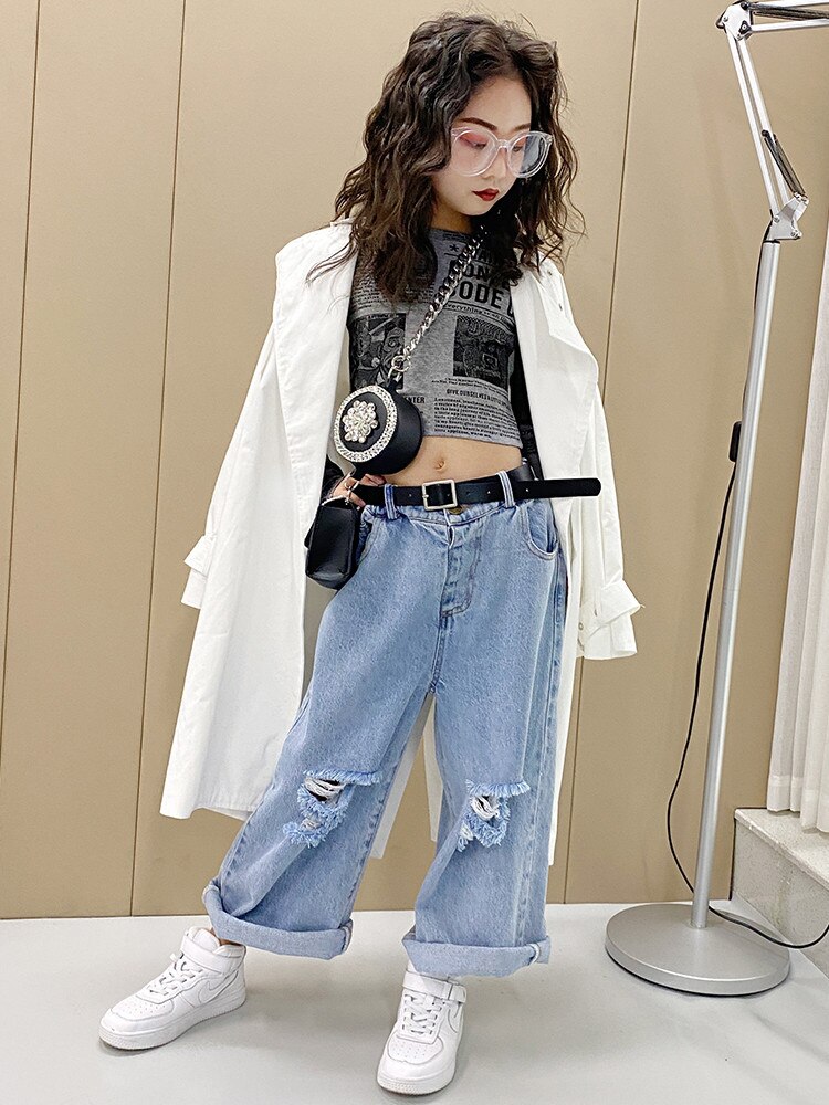 Pantalones vaqueros con agujeros para niña, Vaqueros holgados para niños, Vaqueros rectos para adolescentes de 4 a 14 años, wz33, novedad de primavera y otoño de