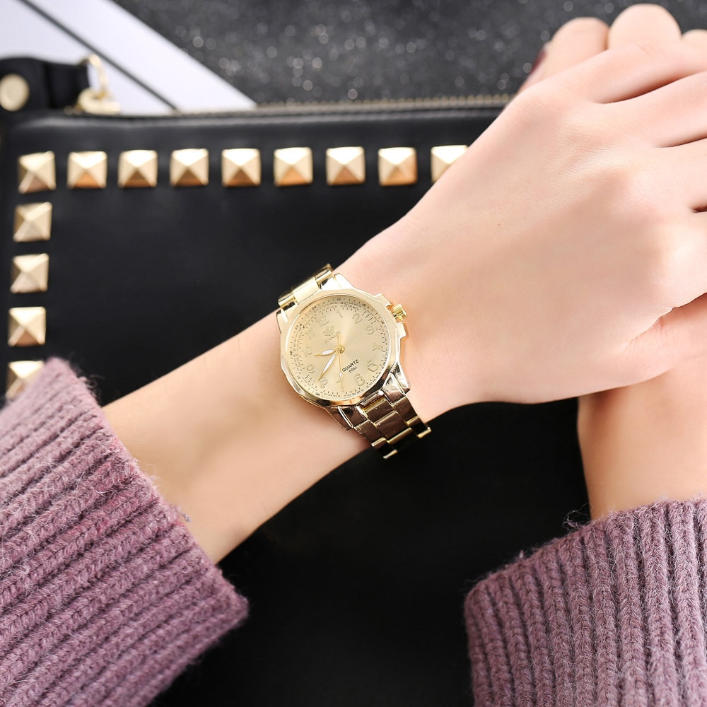 Kvinder arabiske tal urskive legering guld ure rustfrit stål bånd analog quartz rund armbåndsure kvinde reloj mujer