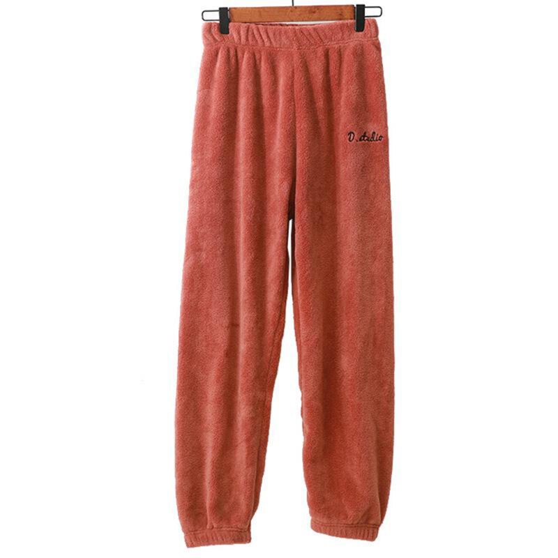 Women Plus Size Cozy Sleep Pants Winter Fleece Sleepwear Long Pants European And American Solid Color Warm Home Sleepwear: Red