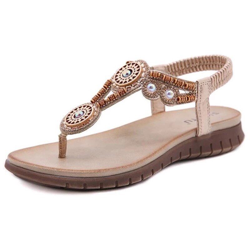 Tongs plates en strass pour femmes, sandales d'été, style bohémien, chaussures confortables à la: Or / 9
