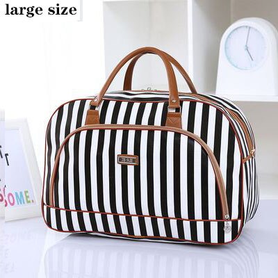 Women Travel Bags PU Leather Large Capacity Waterproof Print Luggage Duffle Bag Men Casual Travelling Weekend Bags: Black white stripesL