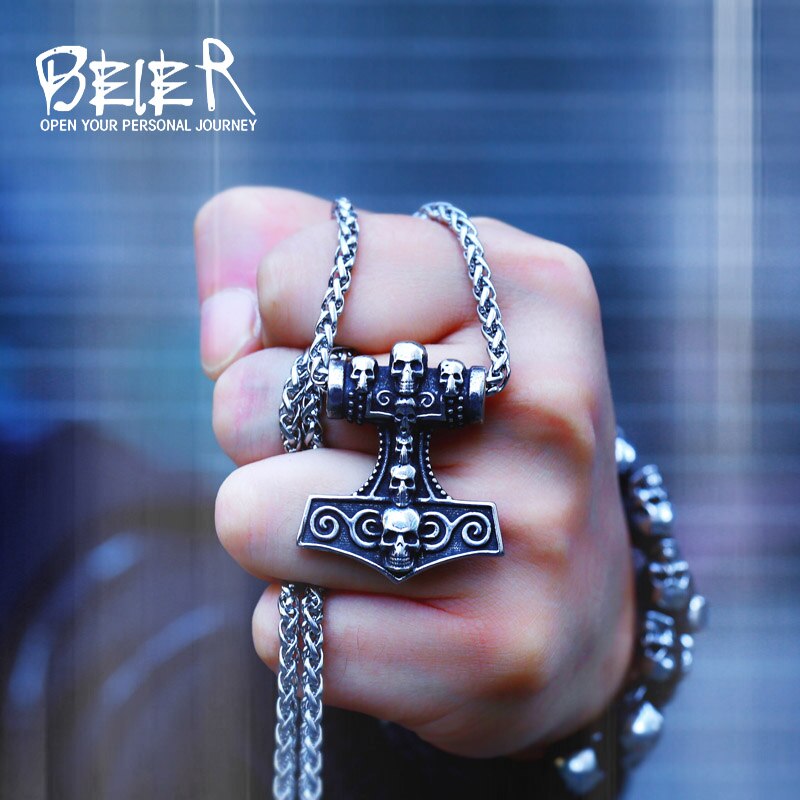 Beier 316l rostfri viking norrländska odin thors mjolnir hammare män skandinaviskt halsband hänge dödskalle smycken  lp390