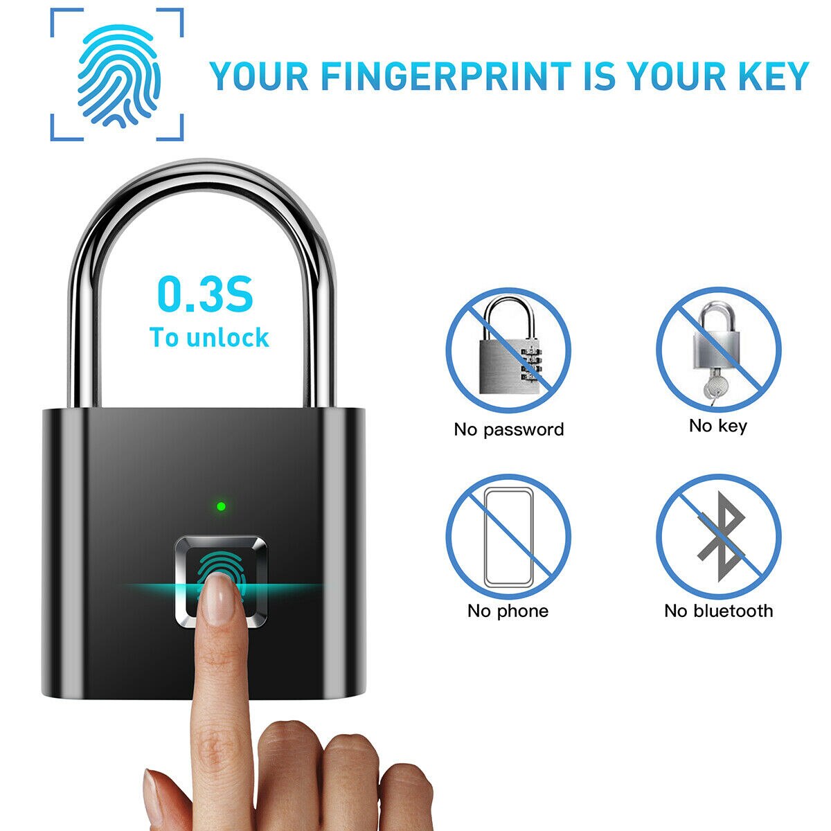 Zinc Alloy Fingerprint Padlock Smart Bluetooth Rechargeable Door Lock Fingerprint Lock Anti-Theft Keyless Security Padlock