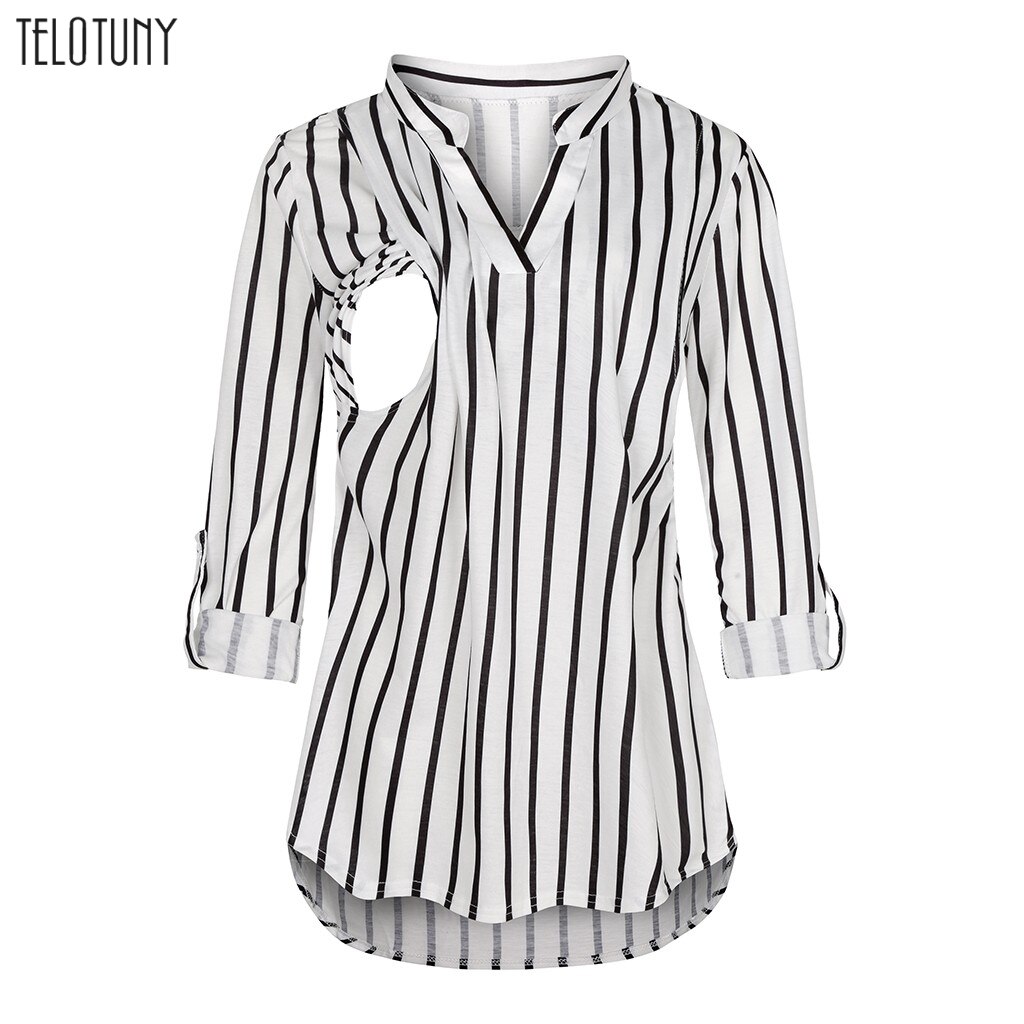 TELOTUNY Women's Maternity Blouse Pregnanty Long Sleeve Striped Nursing Tops Blouse Spring Autumn Casual Pregnancy Clothes L911