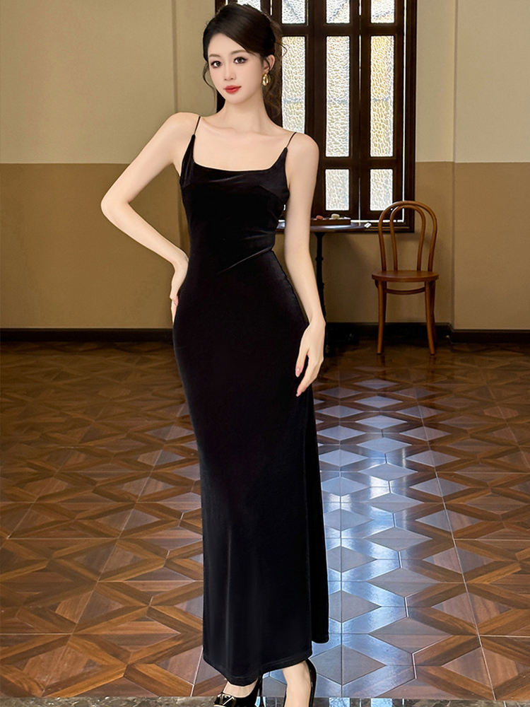 Elegante vestido longo feminino com alça de veludo, sem encosto, fenda maxi, francês, vinho tinto, preto, parte inferior, festa, reunião anual