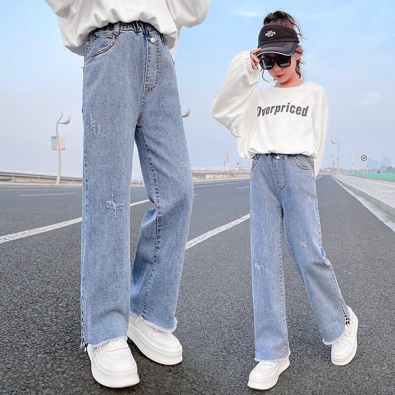 Pantalones vaqueros elásticos de pierna ancha para niño, niña adolescente de 5, 6, 8, 10, 12 y 14 años, primavera y otoño, 2022