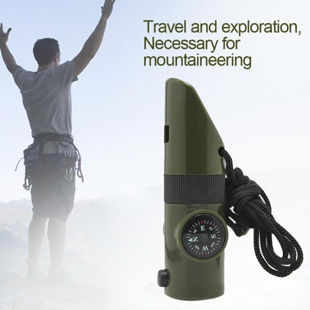 7 In 1 Fluitje Survival Bushcraft Trekking Fluitje Kompas Spiegel Torch Vergrootglas Led Light Thermometer Opslag Kompas Gereedschap