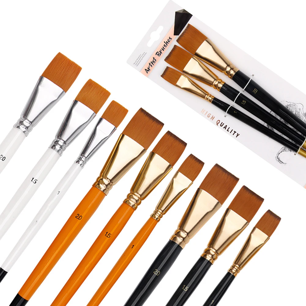 pincel para pintura al óleo, 3 uds., cabeza plana grande, juego de varillas cortas de 3 colores, pincel de acuarela para pintura de pelo de nailon, suministros de arte acrílico para estudiantes