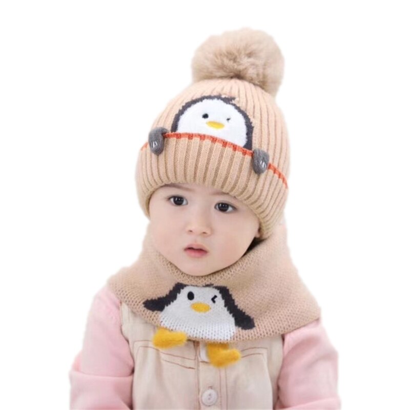 X5QF-gorro tejido de punto para bebé, bufanda de dos piezas, gorros para niños, gorros cálidos con solapa para las orejas, protección para las orejas para niños: Khaki