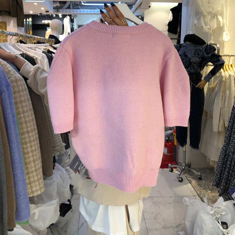 Nomikuma Korean Sweet Short Sleeve Knitted Pullovers Causal O-neck Women Sweater Spring Knitwear Jumpers 6F273