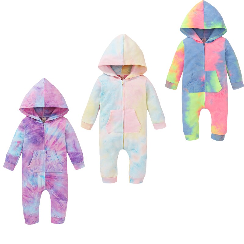 Mise au point 0-18M cravate-teinture imprimé bébé filles garçons barboteuses fermeture éclair manches longues à capuche automne combinaisons 3 couleurs