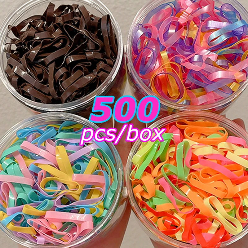500 unids/caja de bandas de goma desechables gruesas de alta elasticidad, soporte para coleta para niñas, lazos para el cabello, banda para el cabello colorida, accesorios para el cabello