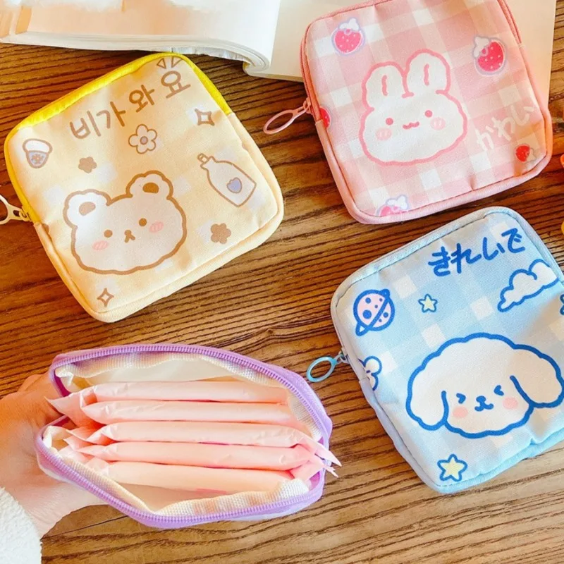 Bolsa de almacenamiento de toallas sanitarias, bolso de mano con patrón de perro y conejo de dibujos animados, bolsa cuadrada de Animal pequeño, bolsas de cosméticos con apertura de cremallera ligera