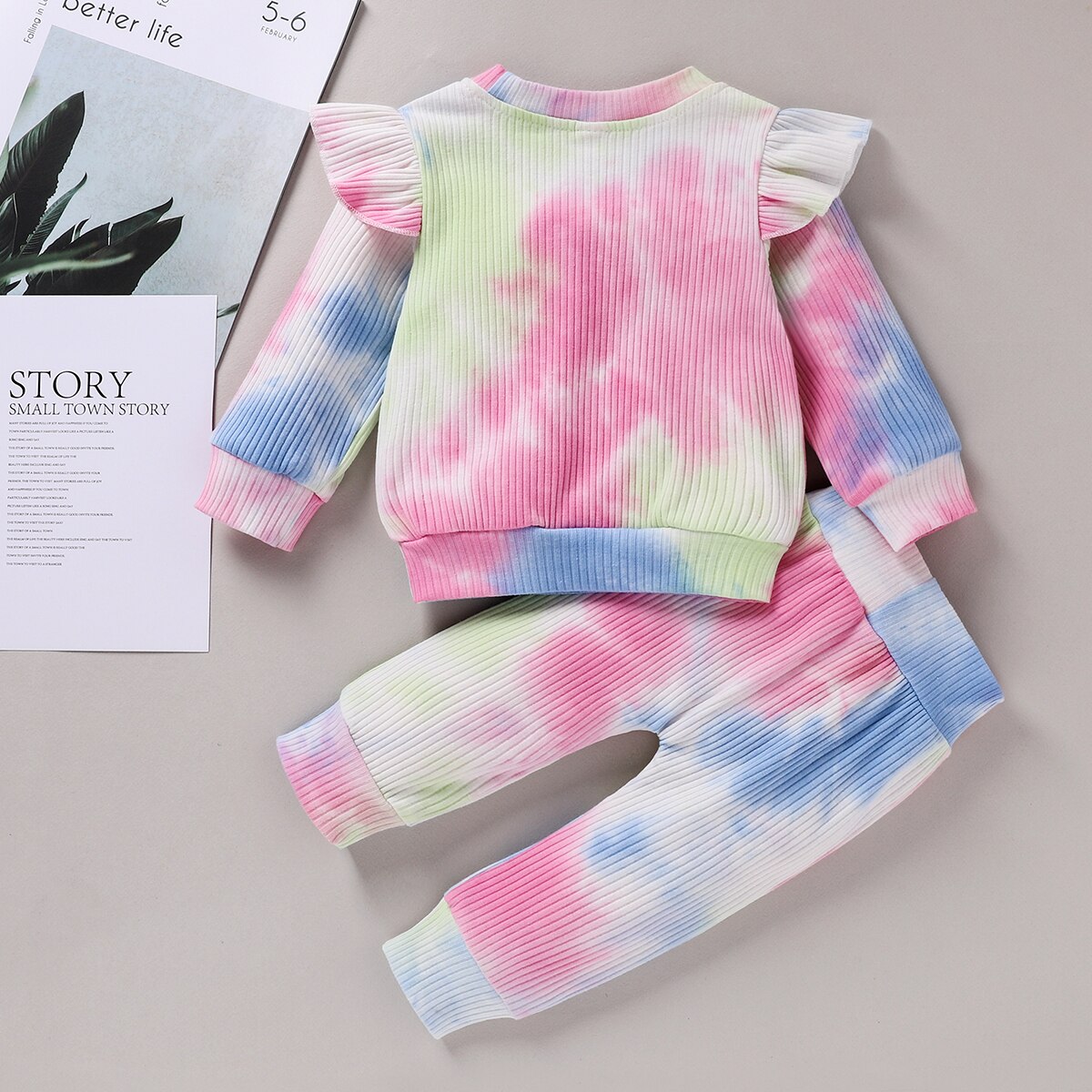 6m-4 jaar 2 stuks babymeisje lente herfst geribbelde tie dye print outfits gerimpeld lange mouwen ruche t-shirt + strik broek set