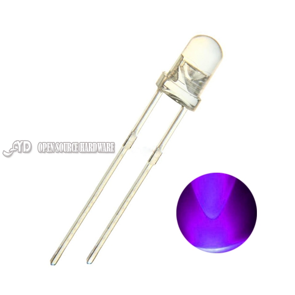 100pcs 5mm Ultraviolet 395nm 400nm UV LED Diode Light Emitting Lamp 5 mm UVLED (Ultra Violet Purple 5 mm Round Water Clear Lens)