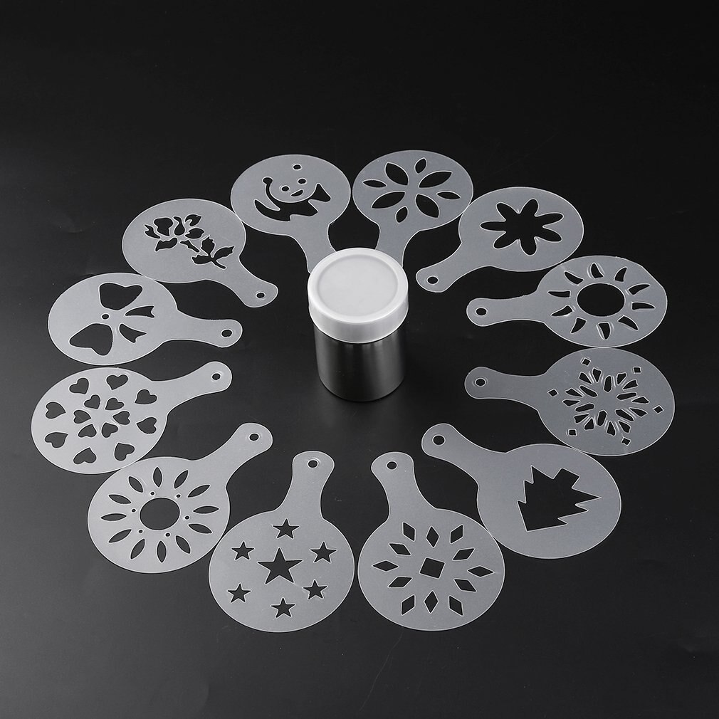 Rvs Chocolade Shaker Cacao Meel Koffie Zifter With12Pcs Koffie Stencils Template Strooit Pad Duster Spray