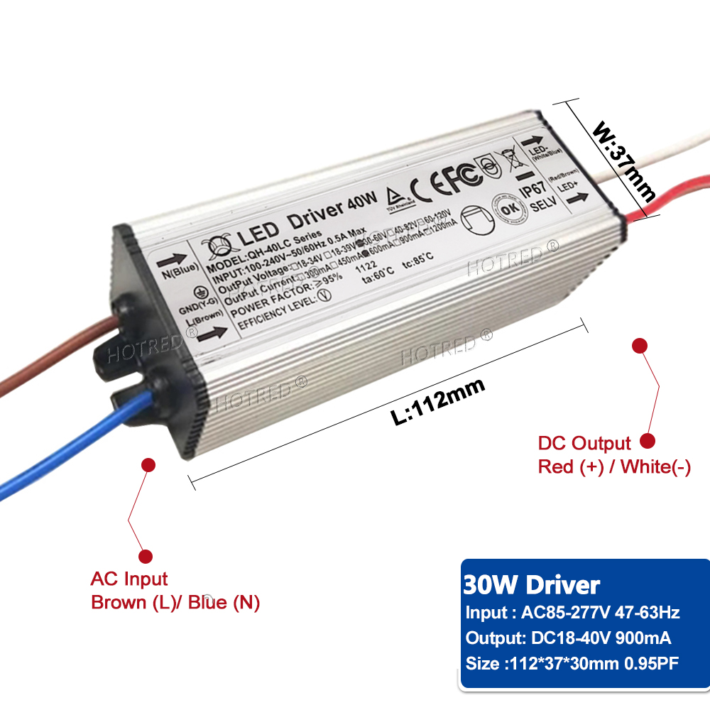 Adaptador de transformador a Fuente de alimentación, Controlador LED de 10W, 20W, 30W, 50W, 100W, a DC3V AC85V-277V, 12V, 18V, 24V, 30V, IP65, 300/600/900/1500/3000mA: Gris