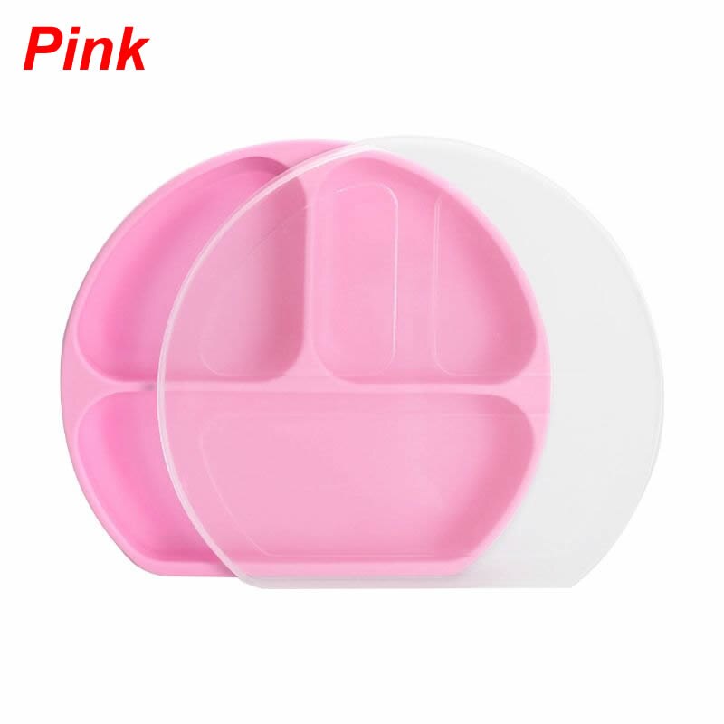 Plato de bebé de silicona de grado alimenticio plato de agarre de Base de succión dividido rosa con tapa R2JF: Pink