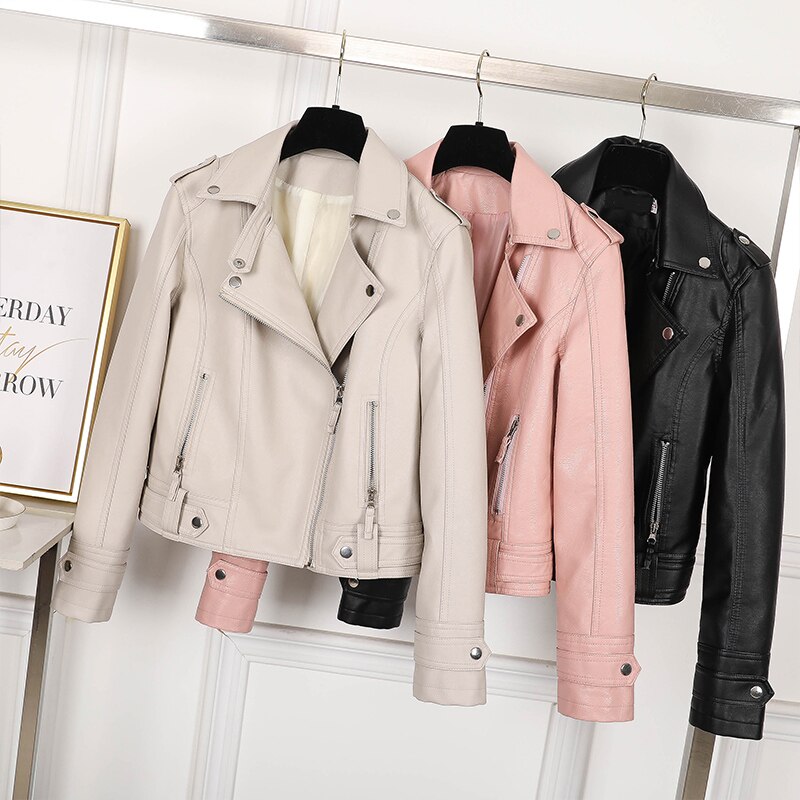 Sungtin Women Faux Leather Jacket Beige Casual Slim Motorcycle Biker Leather Coat Female Punk Streetwear Spring Autumn Jackets