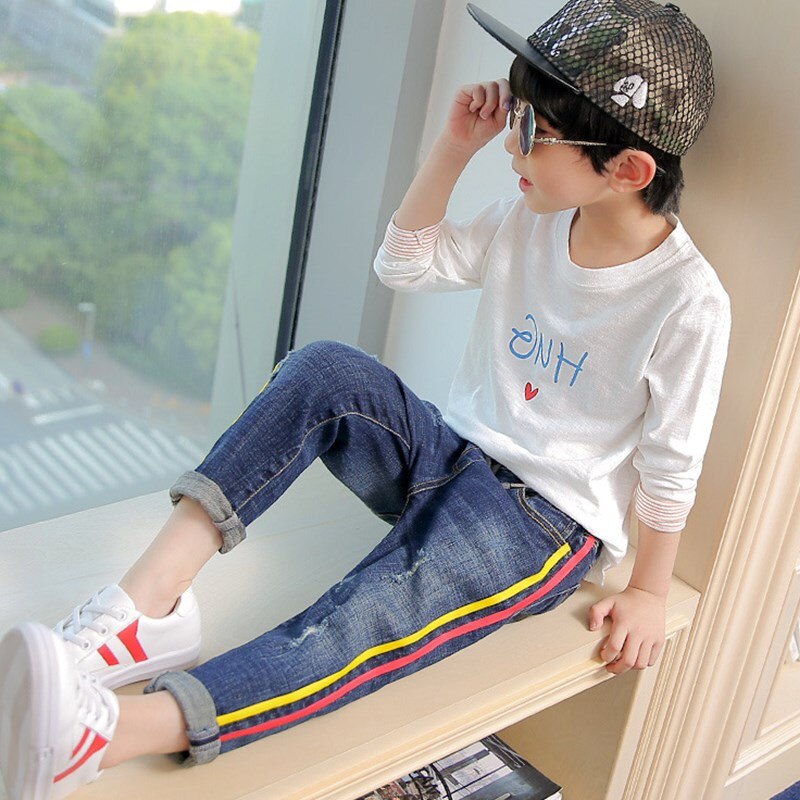 Kids pants big boys casual jeans autumn children clothes boy denim blue color kids pencil trousers child hole leggings