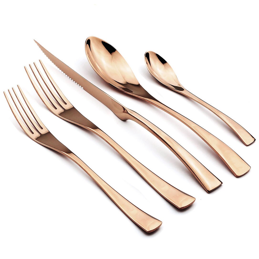 JANKNG 5-Pcs Silver Flatware Set 18/10 Stainless Steel Gold Dinnerware Serrated Knife Fork Spoon Cutlery Food Tableware: 1 set / Rose