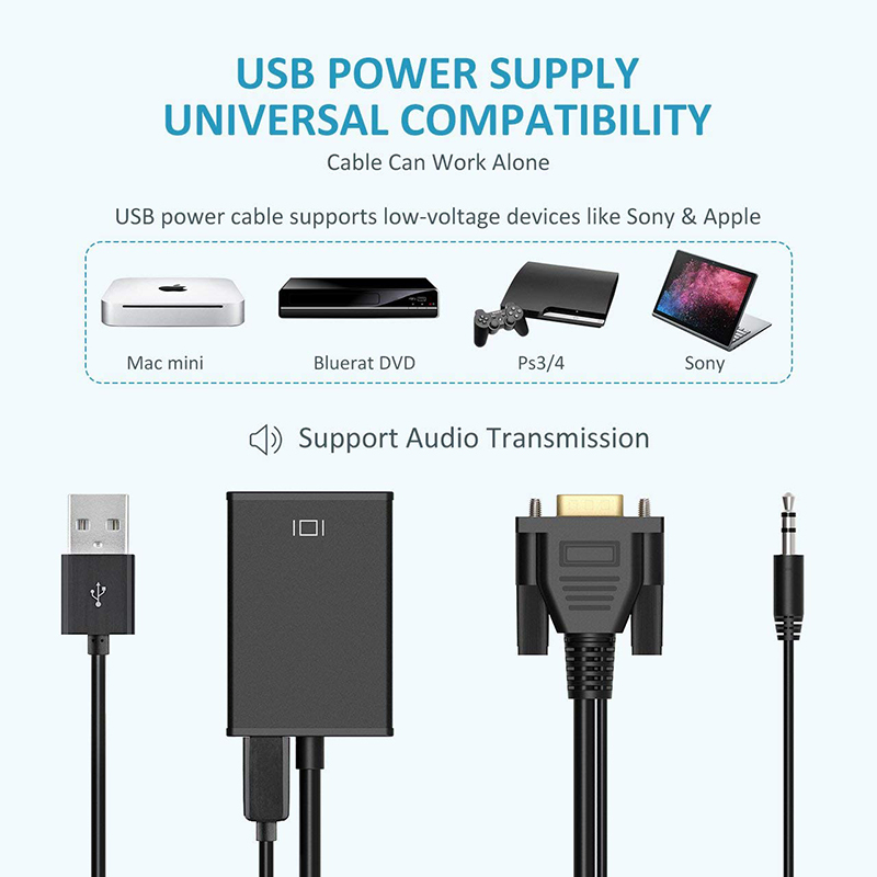 Convertidor VGA a HD para ordenador, portátil, TV, proyector, entrada VGA, salida compatible con HDMI, adaptador de Cable de Audio y vídeo de alta definición