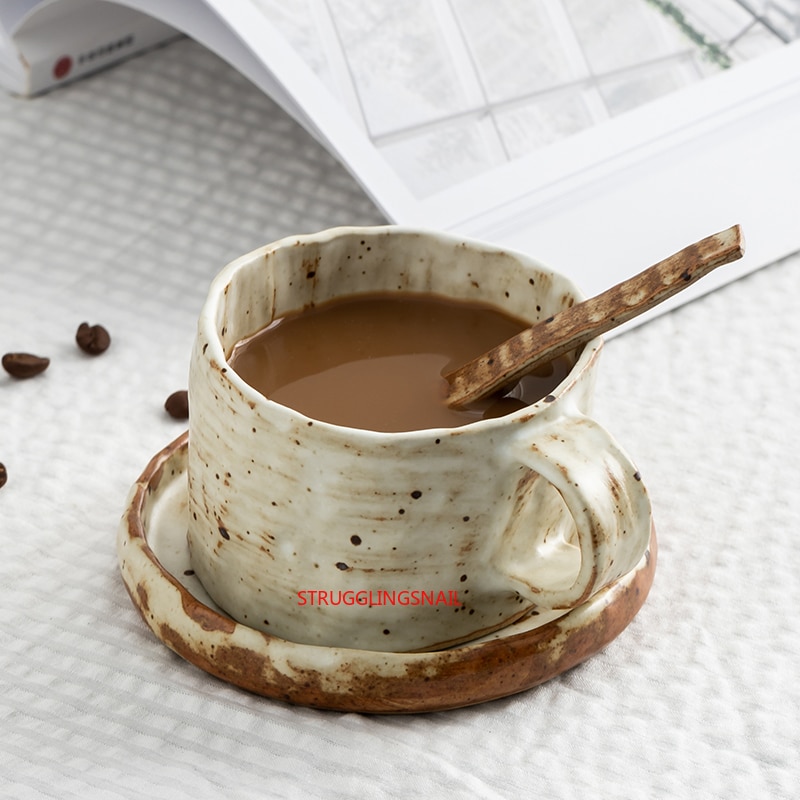 Handgemaakte Steengoed Koffie Cup Set Met Mat Lepel Melk Keramische Cup Ontbijt Servies Set Paar Mok Doos