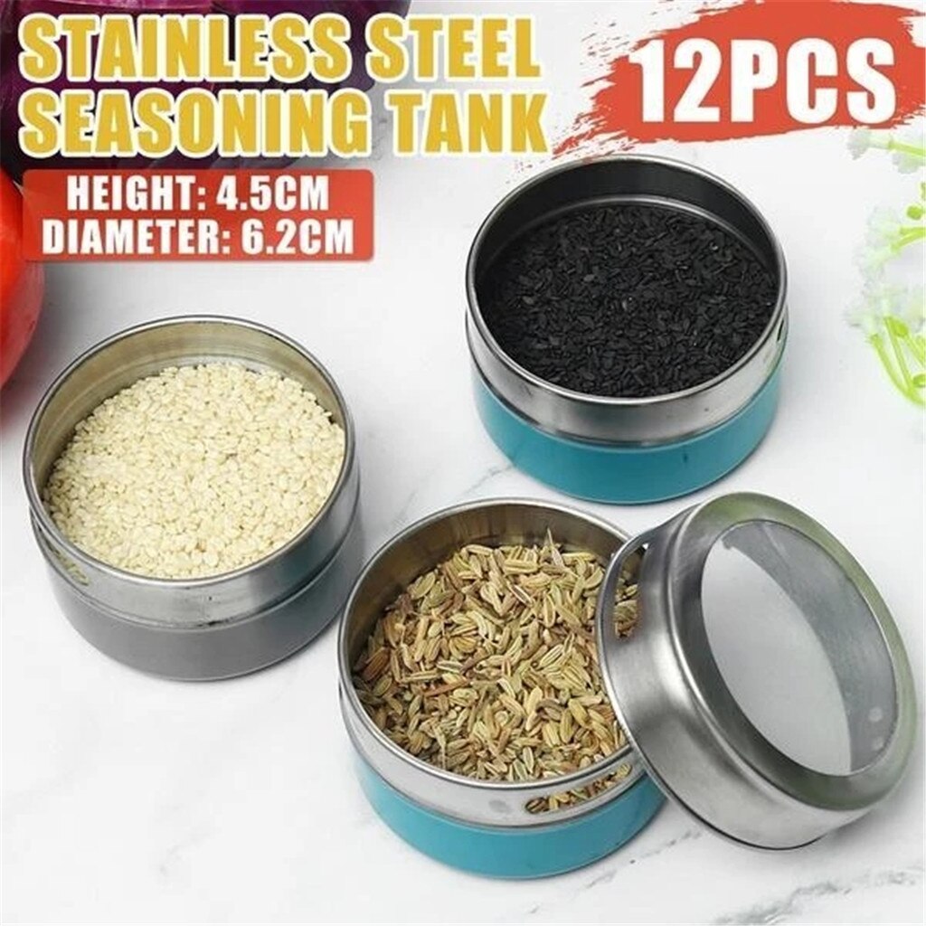 12pcs Magnetic Spice Jar Set With Stickers Stainless Steel Spice Tins Spice Storage Container Pepper Seasoning Spice Jar #30