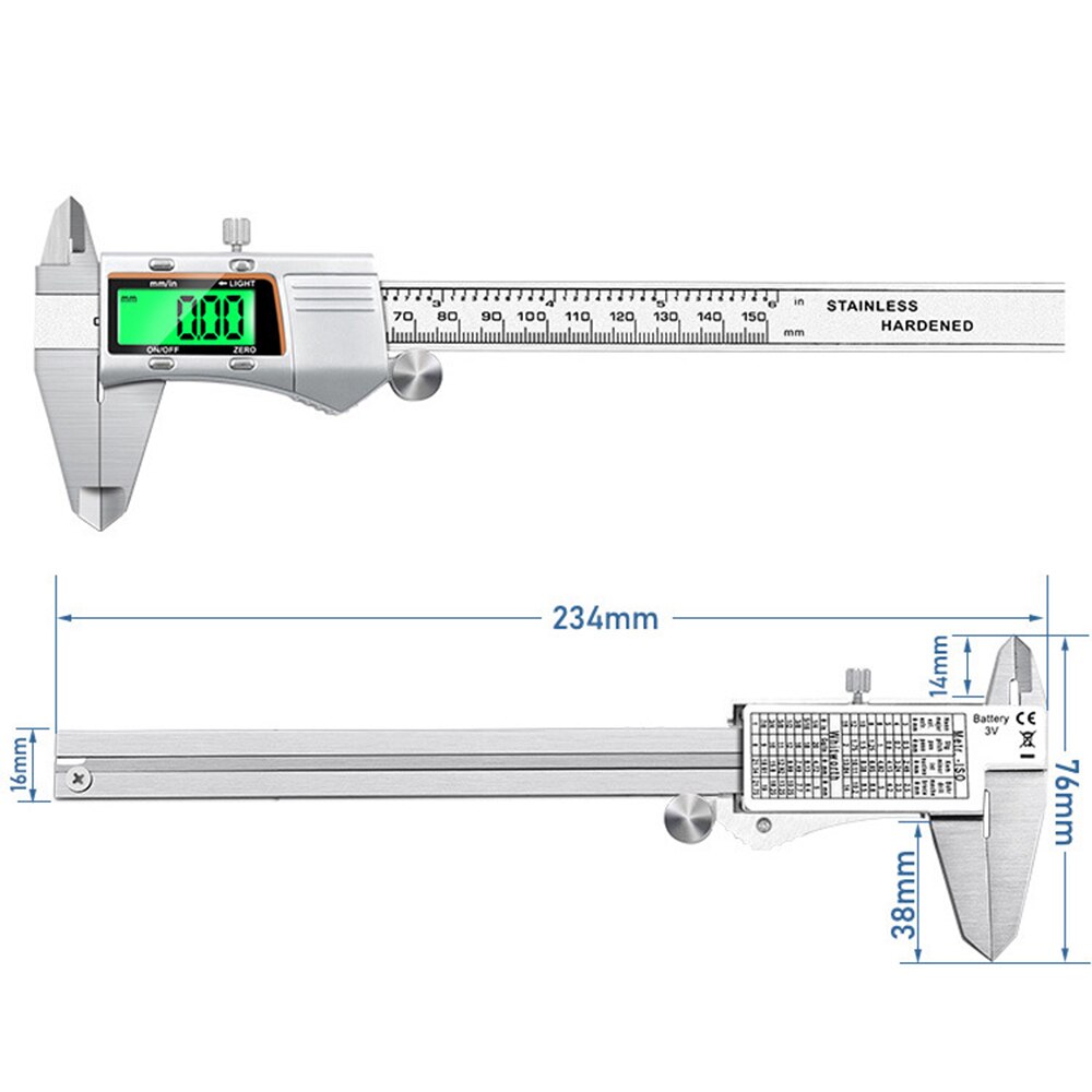 Rvs Metalen Omhulsel Digitale Schuifmaat Elektronische Schuifmaat Backlight Scherm 0-150Mm Meetinstrumenten