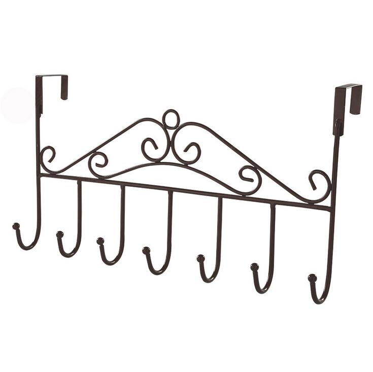 7-Hook over door hanger Iron Art Bag Clothes Key Scarf Hanging Holder Bathroom Kitchen Home Back Door organizer: Brown