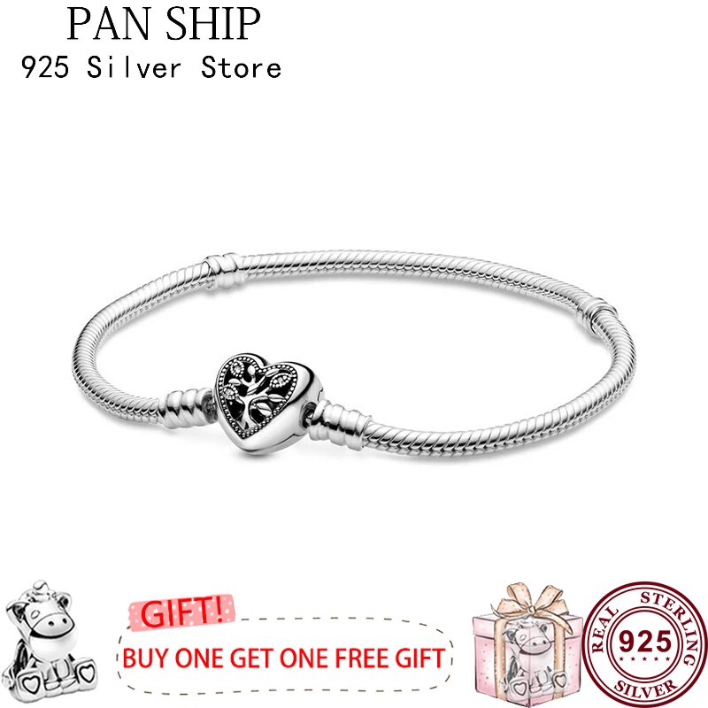 Original 925 Sterling Silver Heart Shaped Life Tree Clasp Pan Bracelet For Women Wedding Jewelry: 1 / 18CM