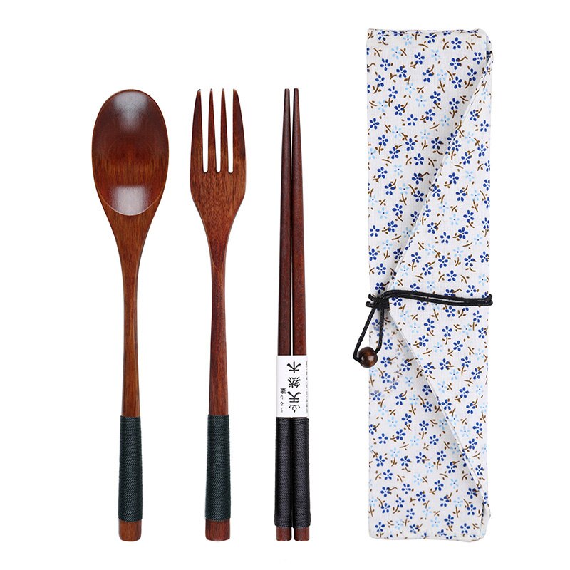 Houten Lepel Vork Eetstokjes Set Draagbare Outdoor Bestek Set Japanse Stijl Servies Set Lange Steel Lepel Houten Servies: Black White Pouch