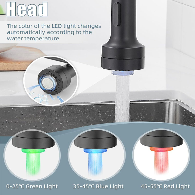 Keuken Kraan Pull Down Sproeikop Met Led Verlichting, 3-Functie Spoelbak Spuitmond, Geschikt Voor Gootsteen Kraan