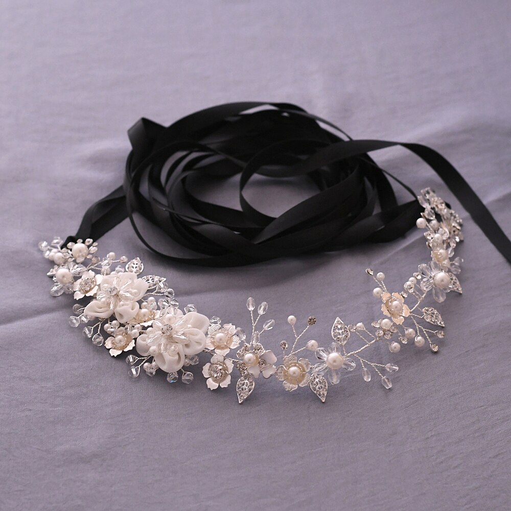 TRiXY SH275 Luxury Western Belt Silver Sash Belt for Wedding Dress Women Pearl Belts for Bridesmaid Flower Bridal Belt: black ribbon