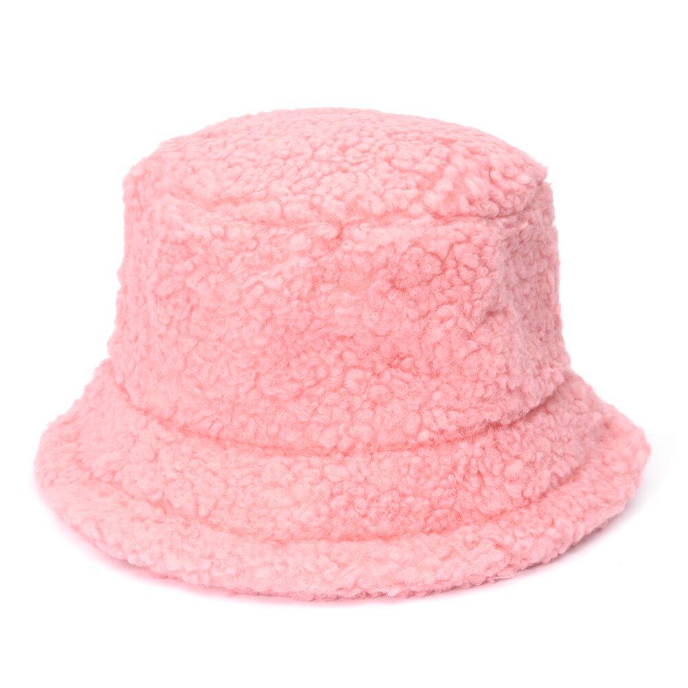 Bamse lam faux pels spand hat fortykket varm vinter hatte til kvinder fløjl cap dame bob panama udendørs plys fisker hat: Lyserød