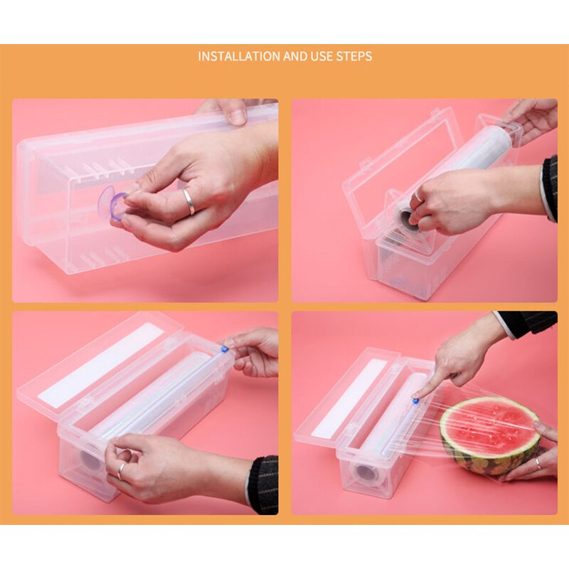 Plastic Food Wrap Dispenser with Slide Cutter Adjustable Cling Film Cutter Preservation Foil Storage Box with Suction Bottom