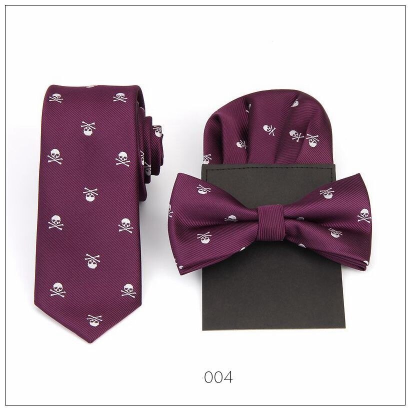Men's tie bow tie handkerchief set skull hanky pocket square polyester bowknot butterfly wedding bowtie necktie prefold hankies