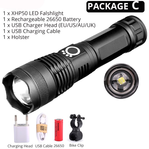 Newest XHP50 LED Bicycle Flashlight Most Powerful USB Rechargeable USB Zoom Bike Light Torch 18650 26650 for outdoor Bike Light: Package C