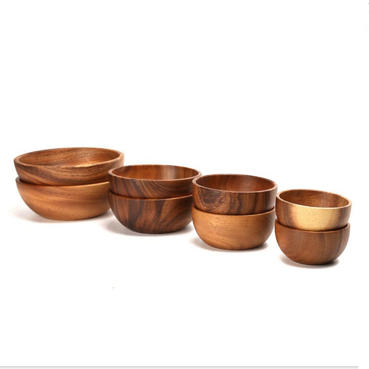 Acacia Wood Salad Bowl Round Calabash Serving / Salad Bowl Soup Bowls Hand-made Natural Wood Grain