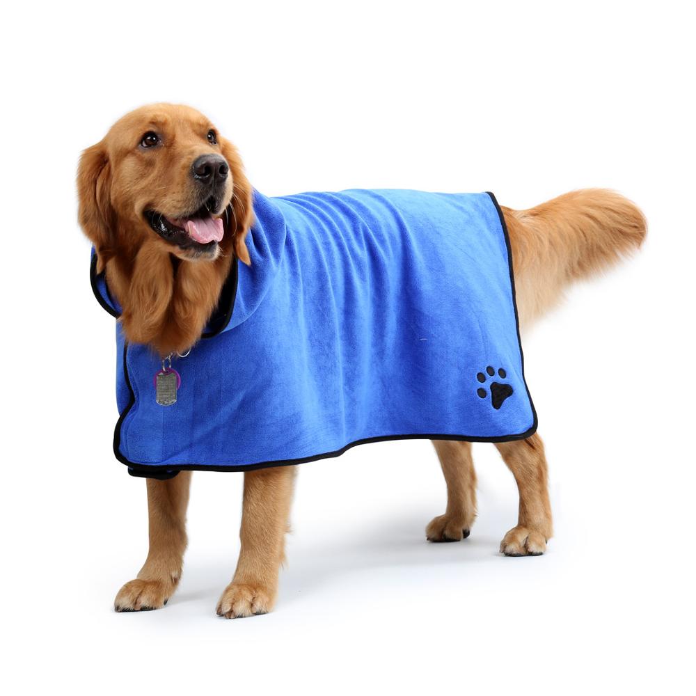 Dog Bathrobe Warm Dog Pet Product Clothes Super Absorbent Pet Drying Towel Embroidery Paw Cat Hood Pet Bath Towel Pet Cloak: Blue / M