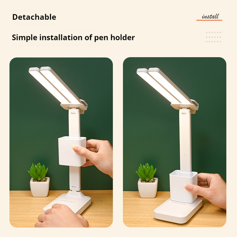 Lâmpada de mesa LED de cabeça dupla, luz noturna de toque regulável de 3 níveis, recarregável por USB, proteção para os olhos, mesa de leitura de cabeceira dobrável