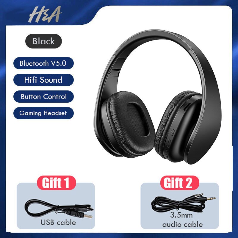 HiFi Stereo Bluetooth Headphone with Mic Foldable Wireless Headset Gaming Earphone for Phone Tablet Support FM Radio and TF Card: Black