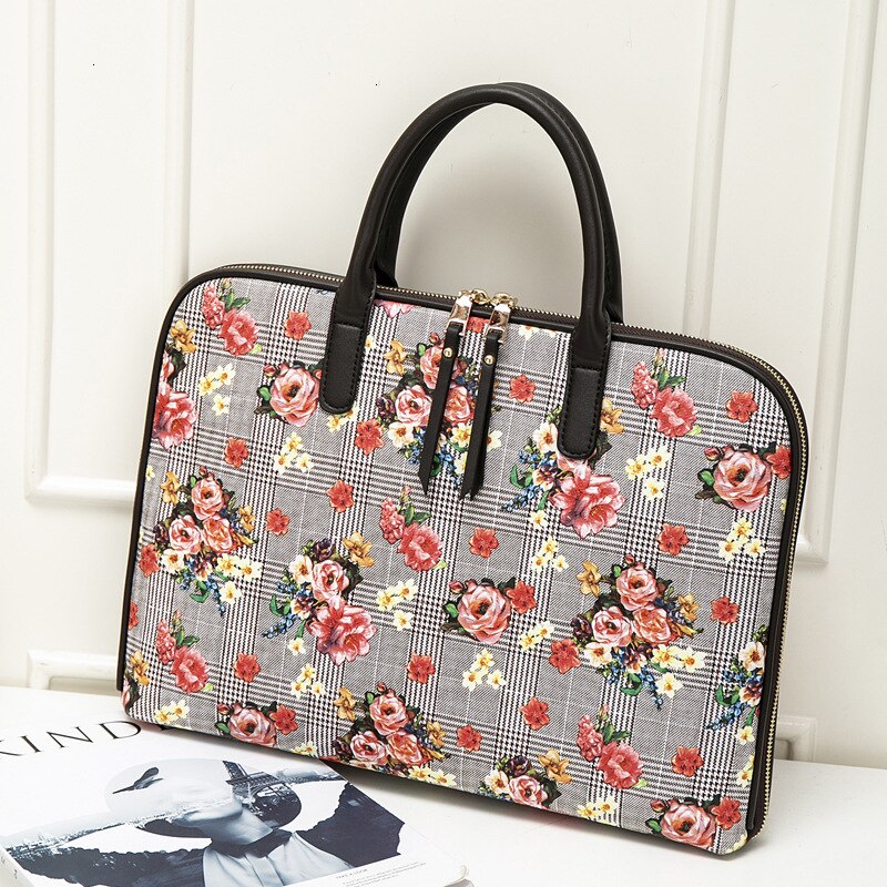 Modernos maletines de piel para ordenador portátil para mujer, bolsos de oficina para mujer, bolso de negocios de piel, bolsos de hombro para ordenador portátil: 903-19-RedFlower