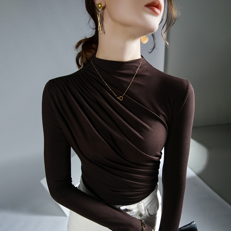 Ensfarvet basisk langærmet dame-t-shirt afslappet sort hvid top-t-shirt dame europæisk t-shirt