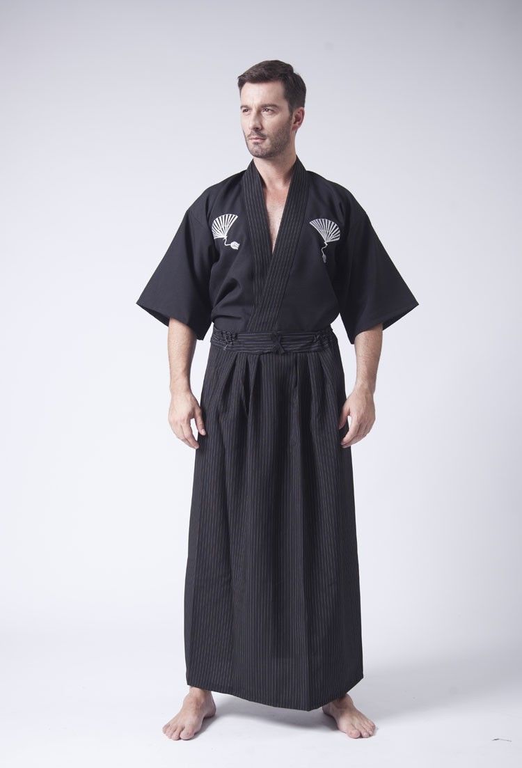 Japanese Kimono Robe Suit Men Yukata Samurai Clothing Karate Costume Black White