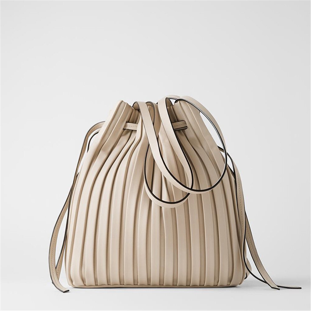 ZA plissé cordon seau sac pour sacs à main de luxe couleur unie en cuir pu haute capacité épaule sacs à main ville plage: BEIGE