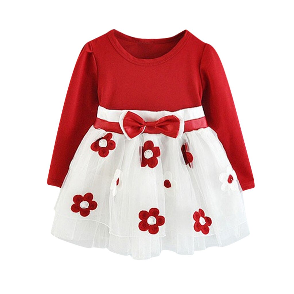Autumn Newborn Infant Baby Dress Cotton Dress Toddler Kids Baby Girls Long Sleeve Tulle Patchwork Flower Bow Dresses Clothes: Red / 3T