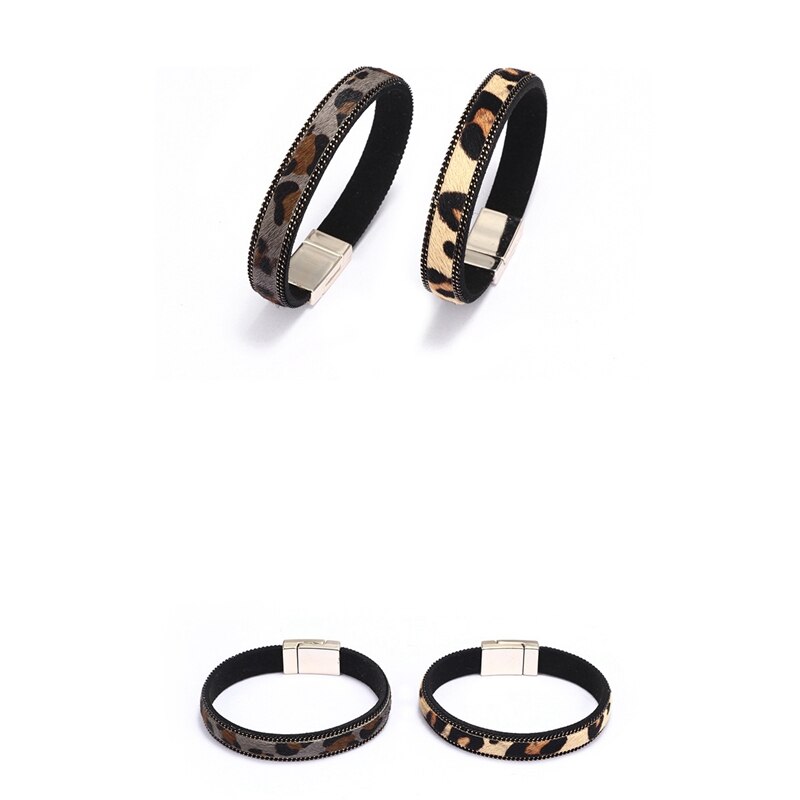 Mode Eenvoudige Luipaard Patroon Paardenhaar Lederen Armbanden Magnetische Sluiting Accessoires Vrouwen Armbanden Sieraden