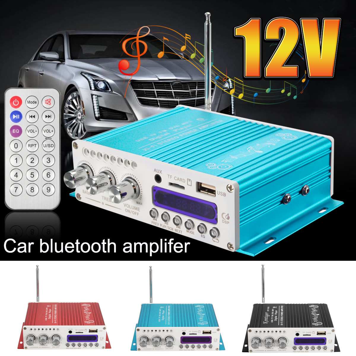 12V Auto Mini bluetooth Hi-Fi Stereo Amplifier Bass Booster Wireless bluetooth Amplifier Adjustable Subwoofer for Car Motorcycle